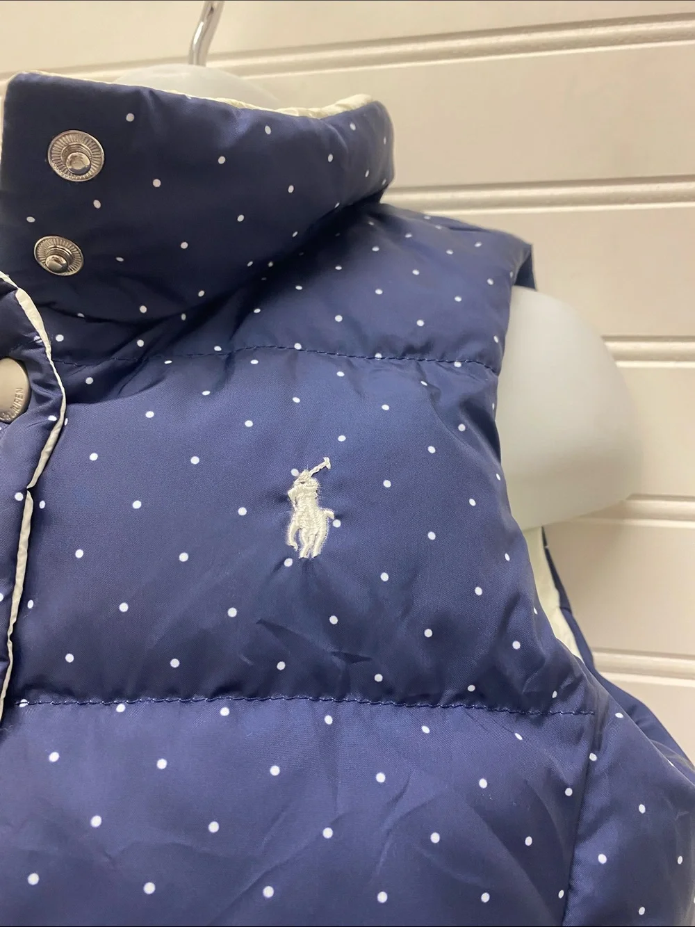 Polo Ralph Lauren Girls Navy White Polka Dot Reversible Quilted Down Puffer Vest